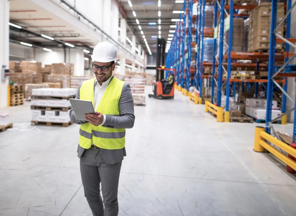 Arbeiter im Lagerraum, der auf einem Tablet schreibt und einen Schutzhelm trägt