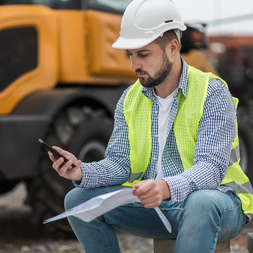 Arbeiter auf einer Baustelle, der eine Warnweste und einen Schutzhelm trägt und auf sein Telefon schaut