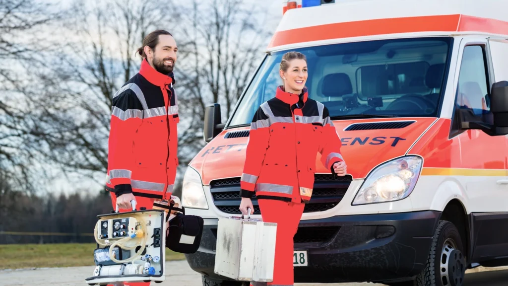 German Emergency helpers arrive after a work accident